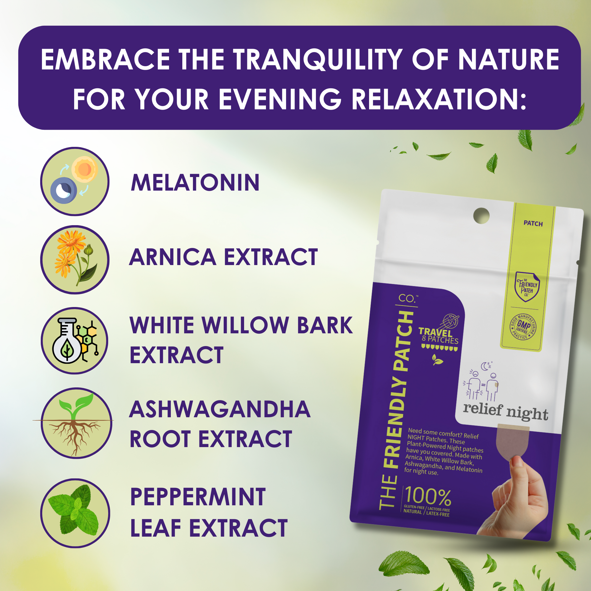 Relief Night Pain Patches: Arnica & Melatonin for Soreness & Sleep - 8 Pack